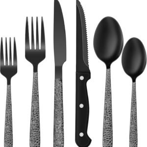 Black Hammered Silverware Set, 24-Piece Stainless Steel Square Flatware Set with Steak Knives for 4, Food-Grade Tableware Cutlery/Utensil Sets for Home Restaurant, Mirror Finish, Dishwasher Safe