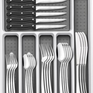 49-Piece Silverware Set with Organizer, Heavy Duty Stainless Steel Flatware for 8, Cutlery Utensil Sets with Steak Knives, Rust-proof, Mirror Polished, Dishwasher Safe
