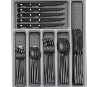 49-Piece Silverware Set with Organizer, Heavy Duty Stainless Steel Flatware for 8, Cutlery Utensil Sets with Steak Knives, Rust-proof, Mirror Polished, Dishwasher Safe