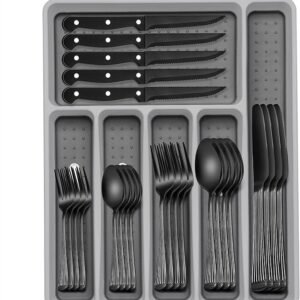 49-Piece Black Silverware Set with Organizer, Stainless Steel Roman Column Black Flatware for 8, Cutlery Utensil Sets with Steak Knives, Rust-proof, Mirror Polished, Dishwasher Safe