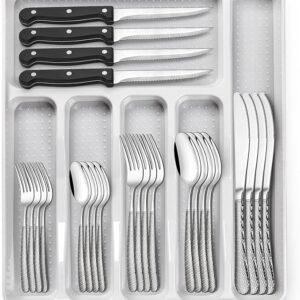 49-Piece Hammered Silverware Set with Organizer, Heavy Duty Stainless Steel Flatware for 8, Cutlery Utensil Sets with Steak Knives, Rust-proof, Mirror Polished, Dishwasher Safe