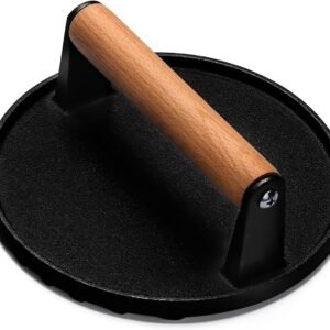 Burger Press, 7" Round Heavy-Duty Cast Iron Smash Bacon Press Meat Steak with Wood Handle for Griddle, Sandwich, Nonstick Pan
