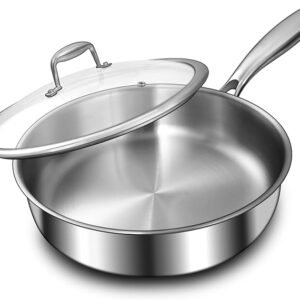 12 Inch Tri-Ply Stainless Steel Frying Pan, Deep Frying Pan with lids, PFOA&PTFE Free Skillet, Induction Cooking Pan, Dishwasher and Oven Safe, Fast & Even Heat, Heavy Duty and Detachable Handle