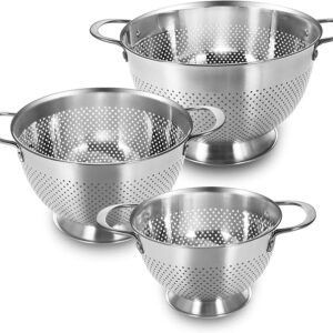 Stainless Steel Colander Set of 3 (1-3.5-5Quart) | Durable Rice and Pasta Strainer with Handle | Oversized Handles | Nesting Design | Rust-Resistant & Dishwasher Safe