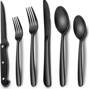 Black Heavy Duty Silverware Set, 24-Piece Stainless Steel Flatware Set with Steak Knives for 4, Food-Grade Tableware Cutlery Set, Utensil Sets for Home Restaurant, Mirror Finish, Dishwasher Safe