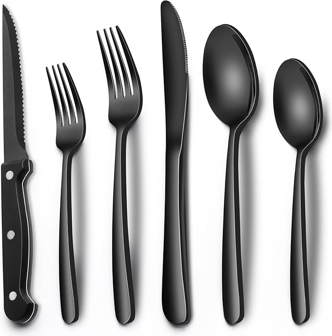Black Heavy Duty Silverware Set, 24-Piece Stainless Steel Flatware Set with Steak Knives for 4, Food-Grade Tableware Cutlery Set, Utensil Sets for Home Restaurant, Mirror Finish, Dishwasher Safe