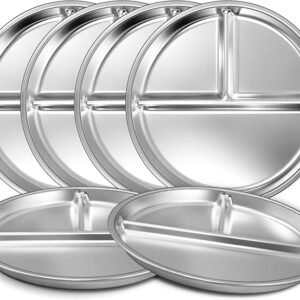 Stainless Steel Toddler Plate Set of 6, 9" Portion Control Plates Divided Plate for Adults Kids Balance Lunch, Non Slip | Unbreakable Toddler Baby Feeding Set Dishwasher Safe