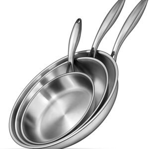 Tri-Ply Stainless Steel Frying Pans Set, 8”/10”/12” Cooking pans, PFOA&PTFE Free Skillet, Induction Cooking Pan, Dishwasher and Oven Safe, Fast & Even Heat, Heavy Duty and Detachable Handle