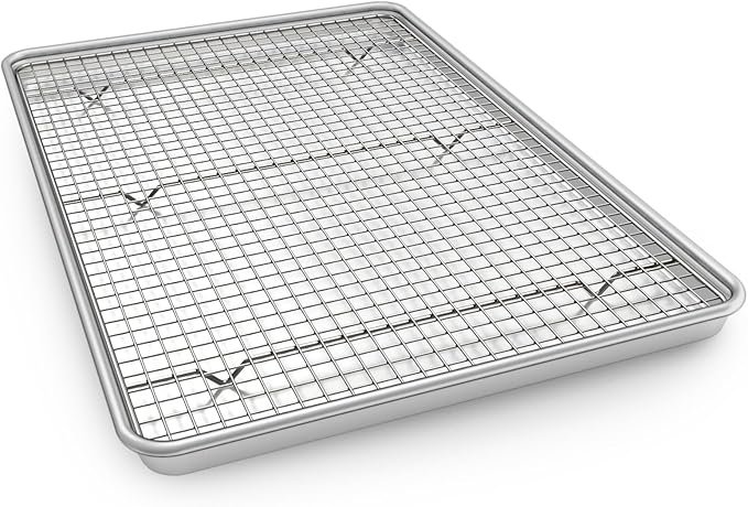 Half Sheet Pans with Rack Set, 18 Inch Commercial Quality Baking Sheet Pan Set, Natural Aluminum Cookie Sheet, Warp Resistant Nonstick Thick Cookie Tray Pans for Baking, Roasting