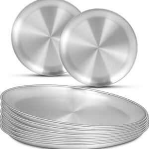 8 Pack Stainless Steel Plate Set, 10 Inch Metal Lightweight Unbreakable Dinner Dishes Plates Set, Round Camping Plates for Serving Dishes Dessert Salad, Non Toxic & Reusable, Dishwasher Safe