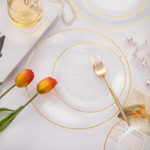 60Pcs Clear Plastic Plates,Clear Disposable Plates With Gold Rim,Heavy-duty Gold Plates,Hammered Party Plates Include 30Clear Dessert-Platos,30Dinner-Platos for Wedding, Party