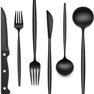 Black Silverware Set with Steak Knives, 24-Piece Stainless Steel Black Flatware Set for 4, Food-Grade Tableware Cutlery Set, Utensil Sets for Home Restaurant, Mirror Finish, Dishwasher Safe