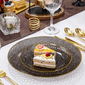 60Pcs Black Plastic Plates, Black Disposable Plates With Gold Rim, Clear Heavy-duty Party Plates, Hammered Plastic plates Include 30 Dessert Platos, 30 Dinner Platos for Party, Halloween