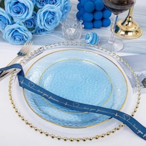 60Pcs Clear Blue Plastic Plates, Hammered Blue Plates, Clear Fancy Disposable Plates With Gold Rim Include 30 Dessert Plates, 30 Dinner Plates for Party