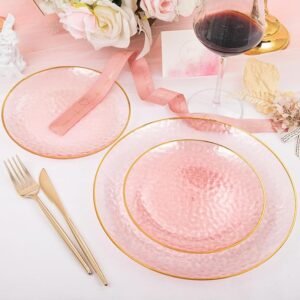 60Pcs Pink Plastic Plates,Clear Pink Plates With Gold Rim,Hammered Gold Plates Include 30Pink Plastic Dessert Platos, 30Gold Dinner Platos For Party