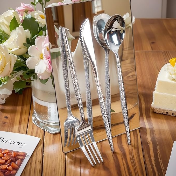 180 Pcs Silver Plastic Silverware - Hammered Disposable Silverware - Heavy Duty Plastic Forks And Spoons - Silver Plastic Cultery Include 60 Forks, 60 Knives And 60 Spoons for Wedding&Party