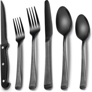 Black Hammered Silverware Set With Steak Knives, 24-Piece Stainless Steel Roman Column Flatware for 4, Food-Grade Tableware Cutlery, Utensil Set for Home Restaurant, Mirror Finish