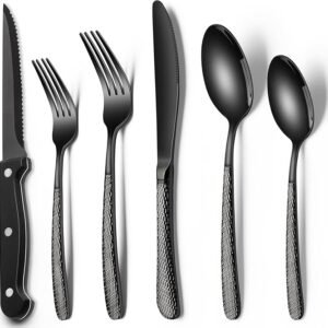 Black Hammered Silverware Set with Steak Knives, 24-Piece Stainless Steel Heavy Duty Flatware Set for 4, Food-Grade Tableware Cutlery Set, Utensil Sets for Home Restaurant, Mirror Finish
