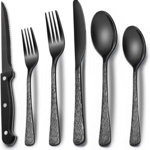 Black Hammered Silverware Set With Steak Knives, 24-Piece Stainless Steel Tree Pattern Flatware for 4, Food-Grade Tableware Cutlery, Utensil Set for Home Restaurant, Mirror Finish