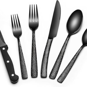 Black Hammered Silverware Set with Steak Knives, 24-Piece Stainless Steel Wave Flatware Set for 4, Food-Grade Tableware Cutlery Set, Utensil Sets for Home Restaurant, Mirror Finish, Dishwasher Safe