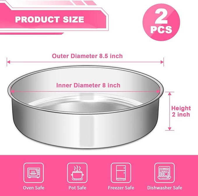 8 Inch Cake Pan Set of 2, Stainless Steel Round Layer Cake Baking Pans Tins, Non-Toxic & Healthy, Leak-proof & Easy Clean & Dishwasher Safe - Image 2
