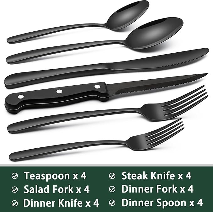 Black Heavy Duty Silverware Set, 24-Piece Stainless Steel Flatware Set with Steak Knives for 4, Food-Grade Tableware Cutlery Set, Utensil Sets for Home Restaurant, Mirror Finish, Dishwasher Safe - Image 2