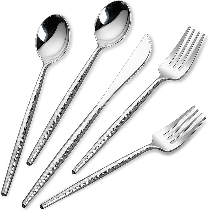 180 Pcs Silver Plastic Silverware - Hammered Disposable Silverware - Heavy Duty Plastic Forks And Spoons - Silver Plastic Cultery Include 60 Forks, 60 Knives And 60 Spoons for Wedding&Party - Image 2