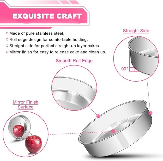 8 Inch Cake Pan Set of 2, Stainless Steel Round Layer Cake Baking Pans Tins, Non-Toxic & Healthy, Leak-proof & Easy Clean & Dishwasher Safe - Image 3