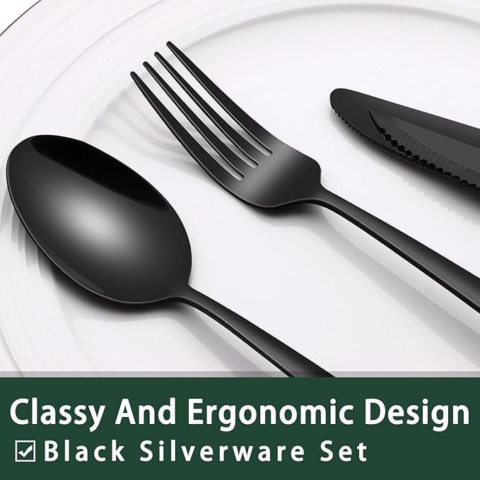 Black Heavy Duty Silverware Set, 24-Piece Stainless Steel Flatware Set with Steak Knives for 4, Food-Grade Tableware Cutlery Set, Utensil Sets for Home Restaurant, Mirror Finish, Dishwasher Safe - Image 3