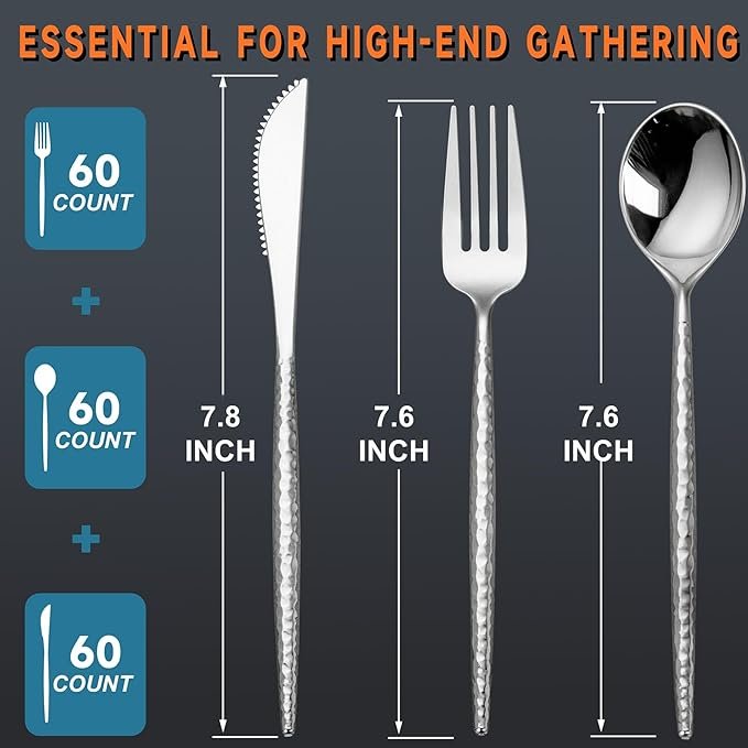 180 Pcs Silver Plastic Silverware - Hammered Disposable Silverware - Heavy Duty Plastic Forks And Spoons - Silver Plastic Cultery Include 60 Forks, 60 Knives And 60 Spoons for Wedding&Party - Image 3