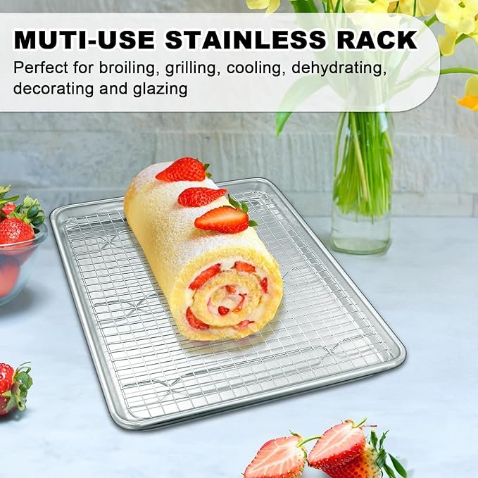 Half Sheet Pans with Rack Set, 18 Inch Commercial Quality Baking Sheet Pan Set, Natural Aluminum Cookie Sheet, Warp Resistant Nonstick Thick Cookie Tray Pans for Baking, Roasting - Image 4