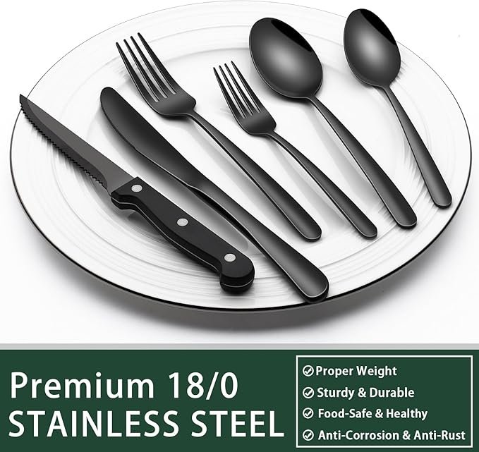 Black Heavy Duty Silverware Set, 24-Piece Stainless Steel Flatware Set with Steak Knives for 4, Food-Grade Tableware Cutlery Set, Utensil Sets for Home Restaurant, Mirror Finish, Dishwasher Safe - Image 5
