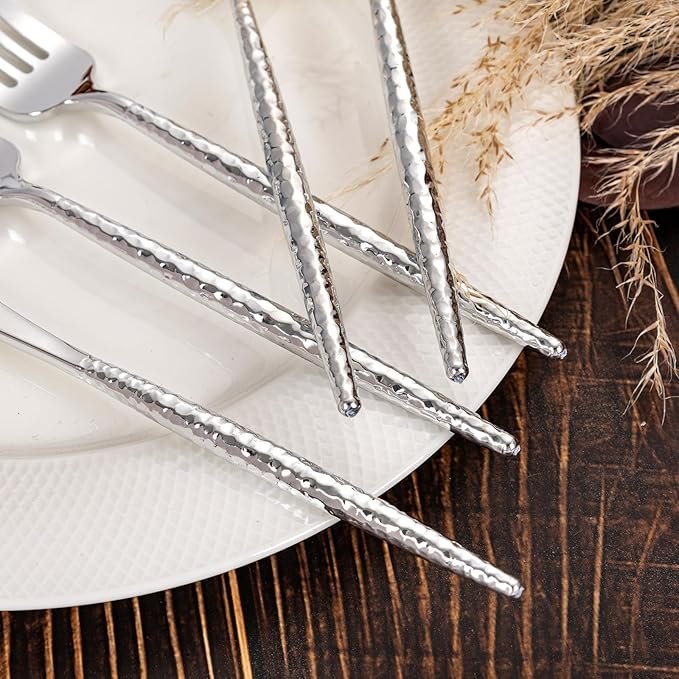 180 Pcs Silver Plastic Silverware - Hammered Disposable Silverware - Heavy Duty Plastic Forks And Spoons - Silver Plastic Cultery Include 60 Forks, 60 Knives And 60 Spoons for Wedding&Party - Image 5