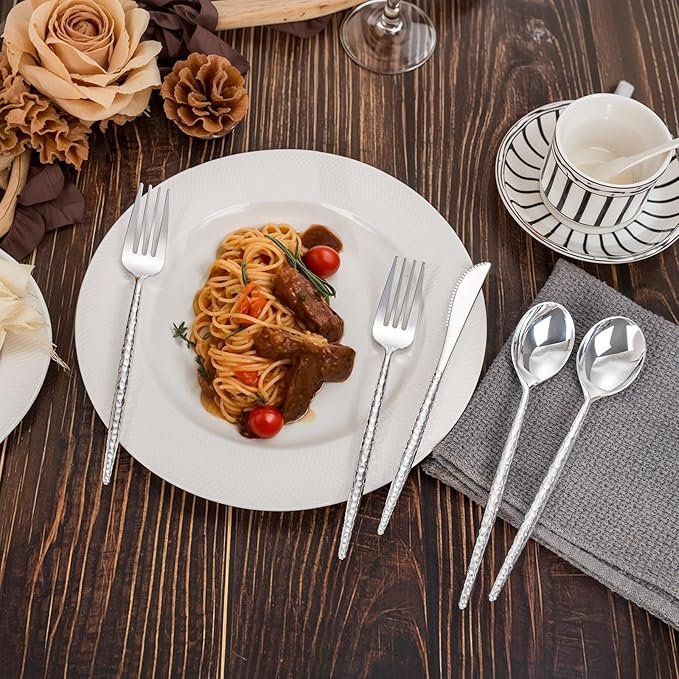 180 Pcs Silver Plastic Silverware - Hammered Disposable Silverware - Heavy Duty Plastic Forks And Spoons - Silver Plastic Cultery Include 60 Forks, 60 Knives And 60 Spoons for Wedding&Party - Image 7